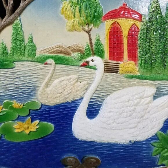Swan Pond Vintage Wall Art Western Germany Die Cut 1950s Gift Calendar Topper - Picture 8 of 9